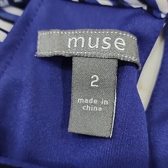 Muse Mini Shift Dress blue & white design lined 3/4 Bell slit sleeves Women's 2 - Picture 4 of 6